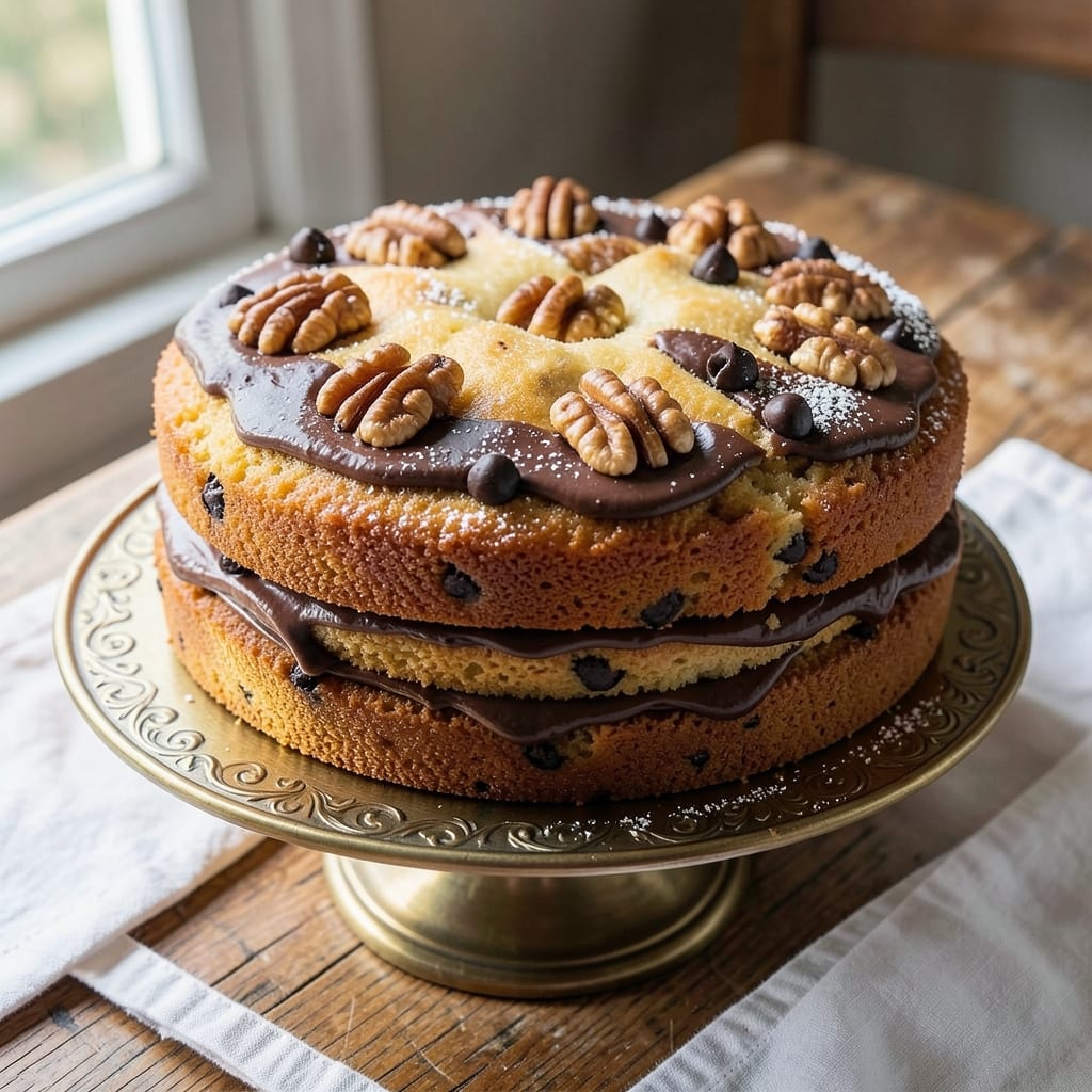 Banana Cake Recipe With Chocolate Chips And Walnuts: Moist Layers With Nutty Crunch and Caramelized Banana Swirls