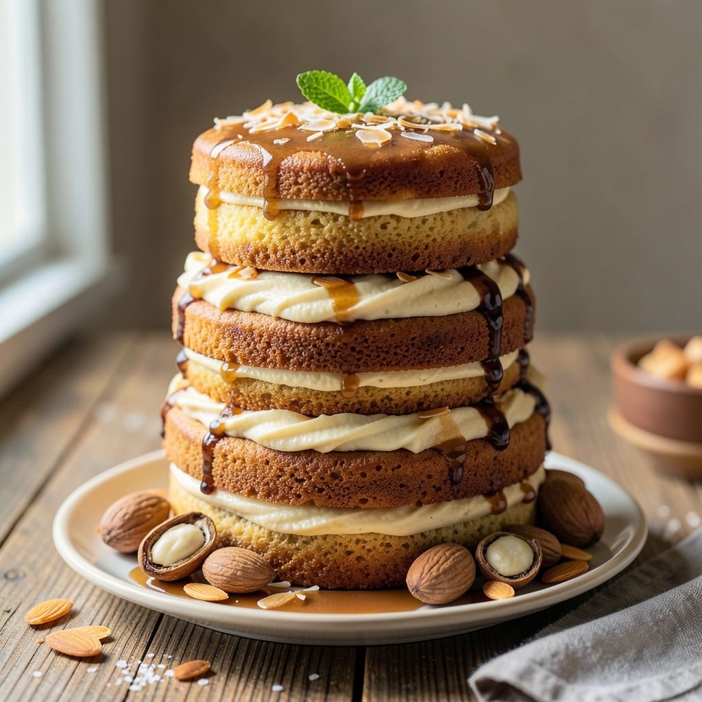 Almond Joy Layer Cake Recipe: Tropical Rum Swirls and Crunchy Streusel Crown