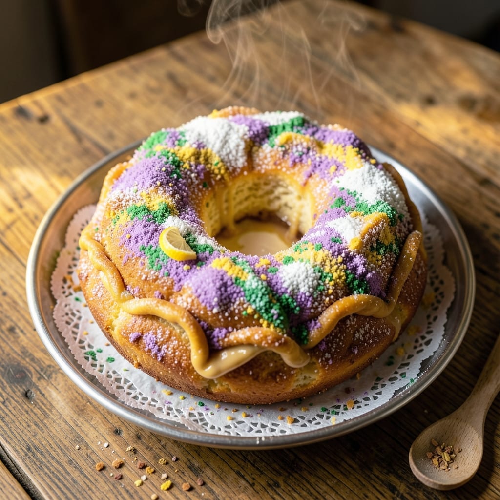 Authentic King Cake Recipe from New Orleans: Purple, Green, and Gold Glazed Magic